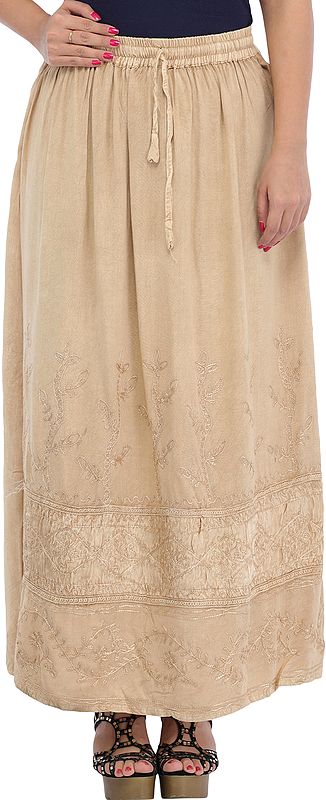 Stone-washed Long Skirt with Thread-Embroidery on Border