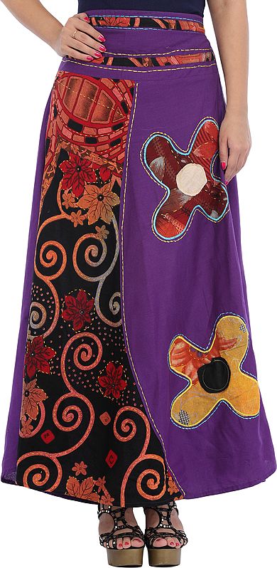 Royal-Purple Long Skirt with Floral-Applique and Kantha Stitch