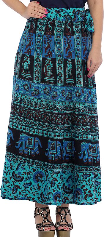 Wrap-Around Long Skirt from Pilkhuwa Printed with Auspicious Motifs