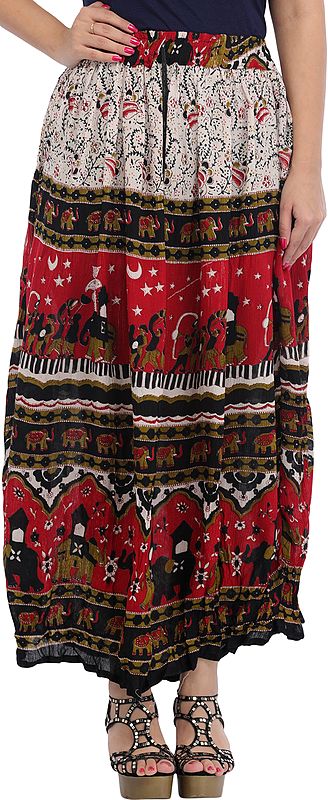 Deep-Claret Long Skirt with Printed Elephants