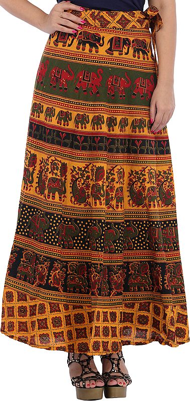 Marigold Wrap-Around Long Skirt from Pilkhuwa with Printed Elephants