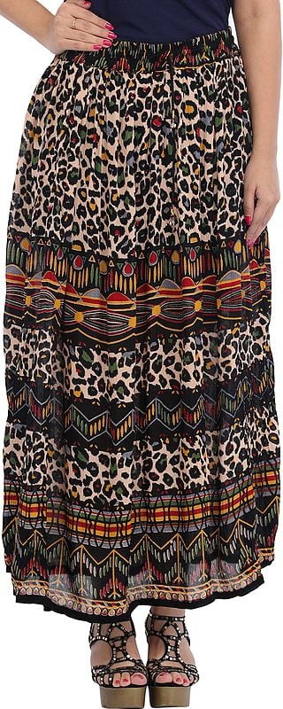 Multicolored Long Skirt with Printed Leopard-Spots