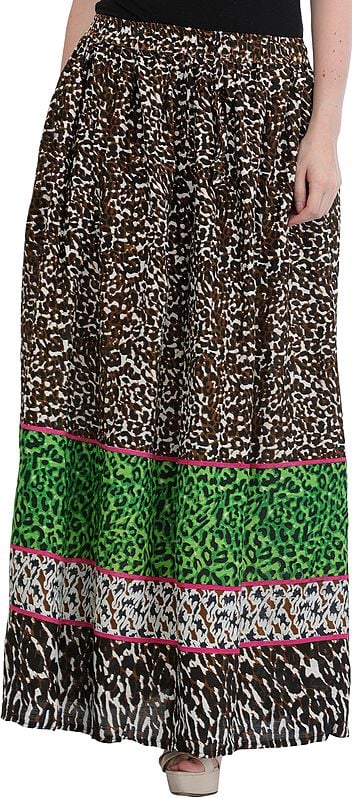 Brown Elastic Long Skirt with Printed Leopard-Spots