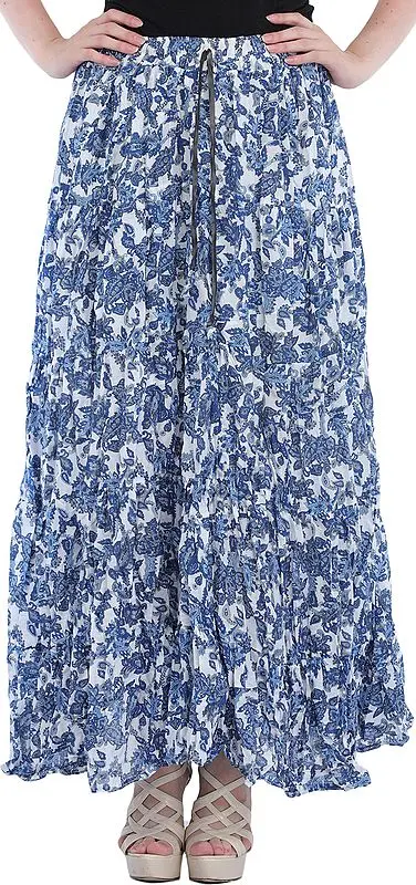 White and Blue Elastic Long Skirt with Paisleys Print All-Over