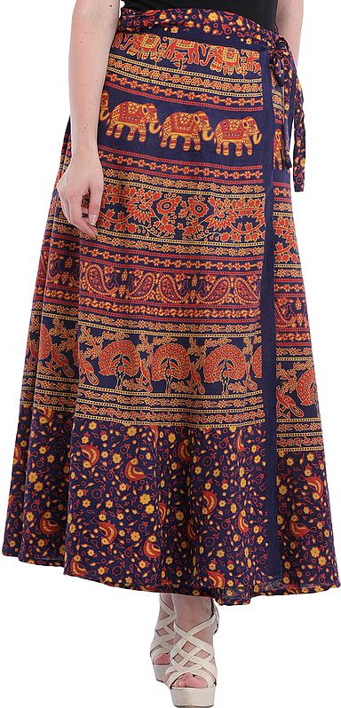 Wrap-around Long Skirt from Pilkhuwa with Printed Peacocks and Elephants