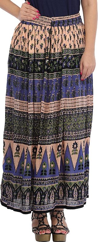 Cream and Blue Elastic Long Skirt with Floral Print