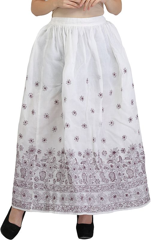 White Long Lucknowi Chikan Hand-Embroidered Skirt
