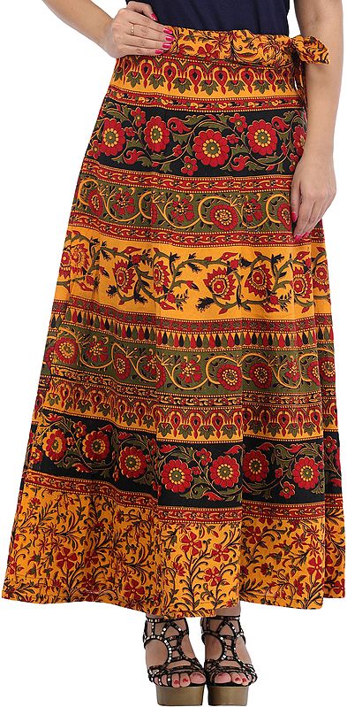 Marigold Floral Printed Wrap-Around Long Skirt from Pilkhuwa