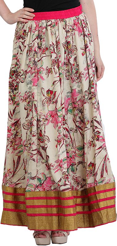 Cream and Pink Floral-Printed Long Skirt from Jodhpur with Wide Golden Border