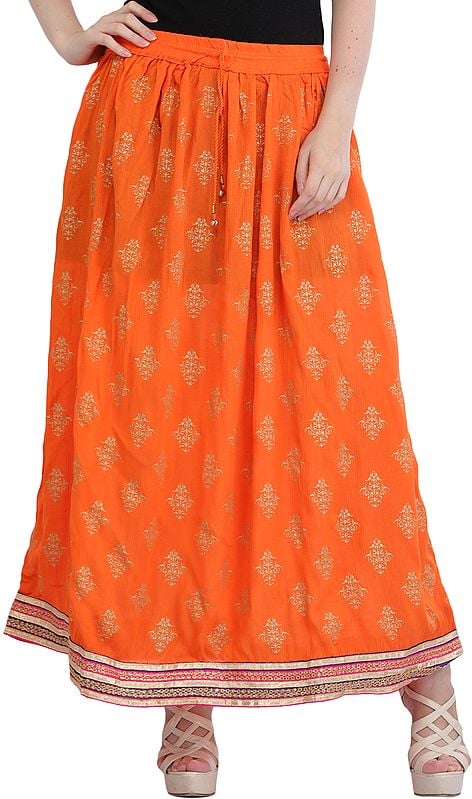 Printed Long Skirt with Golden Bootis and Patch Border