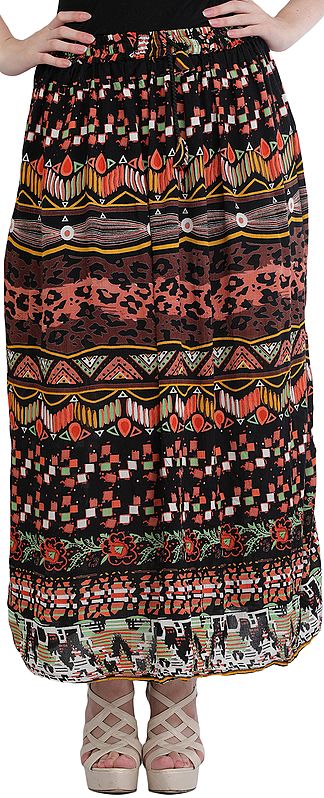 Black Printed Elastic Long Skirt with African Print