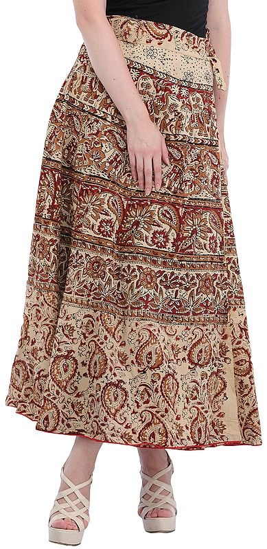 Bleached-Sand Wrap-Around Long Skirt from Pilkhuwa with Printed Paisleys and Elephants