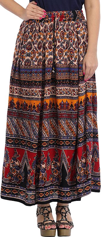 Multicolored Printed Elastic Long Skirt