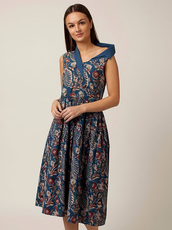 One Side Off-Shoulder Cotton Printed A-Line Dress