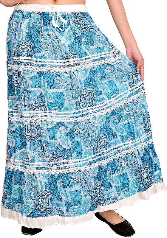 Vivid-Blue Long Skirt with Printed Paisleys and Lace