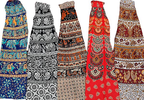 Lot of Five Block-Printed Long Skirts from Pilkhuwa