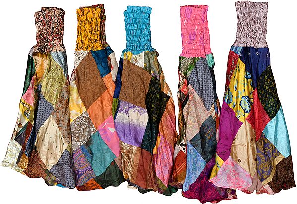 Lot of Five Vintage Sari Long Skirts with Wide Elastic Waist
