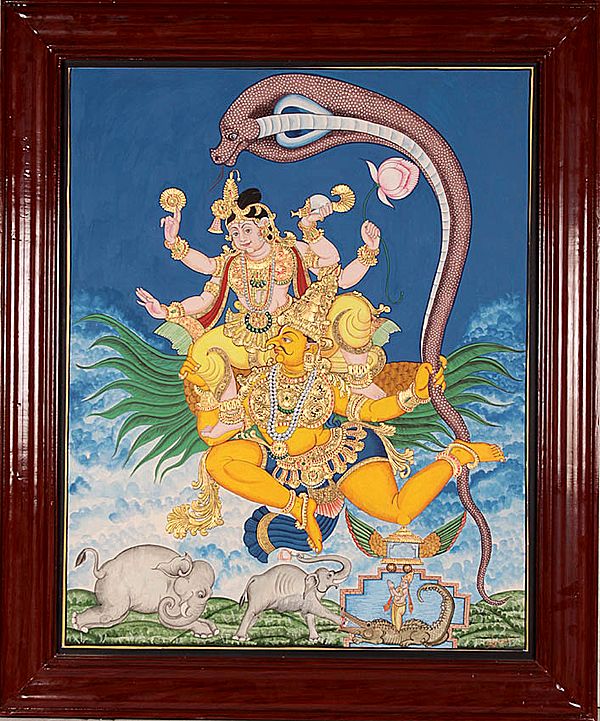 Gajendra Moksha (Liberation of Elephant King from the Jaws of Crocodile by Vishnu (Framed)
