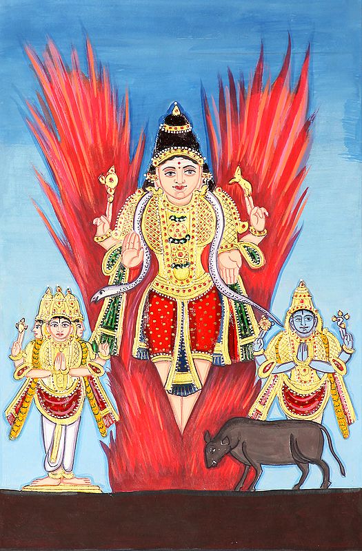 Shiva Emerged from Jyoti (Flanked by Vishnu and Brahma)