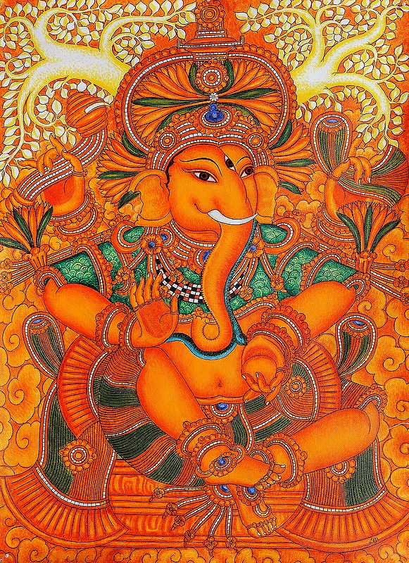 Four Armed Ganesha in Orange Hue