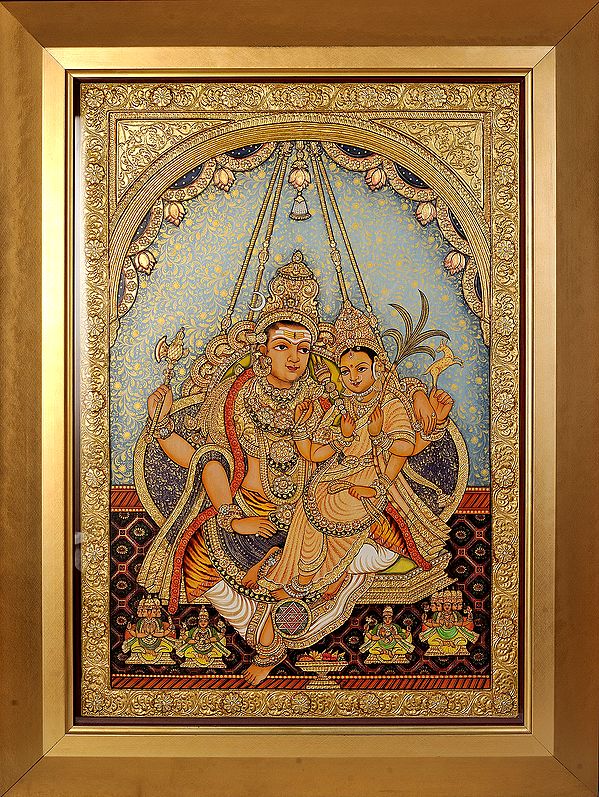Goddess Rajarajeshwari and Lord Shiva on a Swing (Framed)