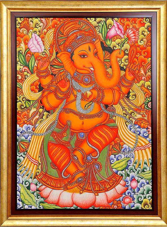 Lord Ganesha Dancing on Lotus (Framed)