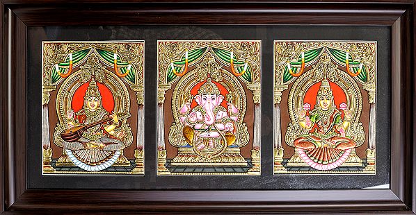 The Holy Trinity of Saraswati, Ganesha and Lakshmi Ji - Framed Tanjore Painting