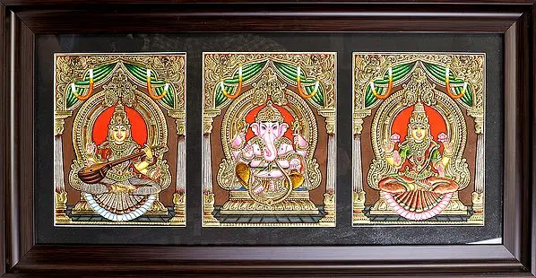 The Holy Trinity of Saraswati, Ganesha and Lakshmi Ji (Framed)