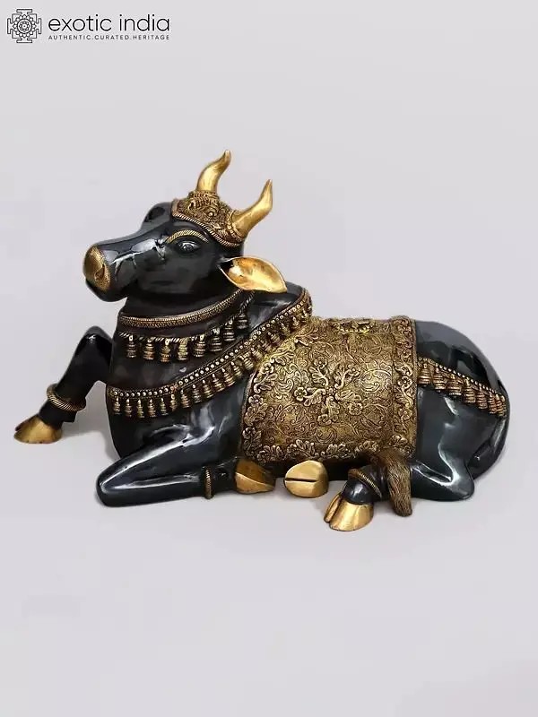 Small Nandi Bull Brass Statue with Ornate Detailing