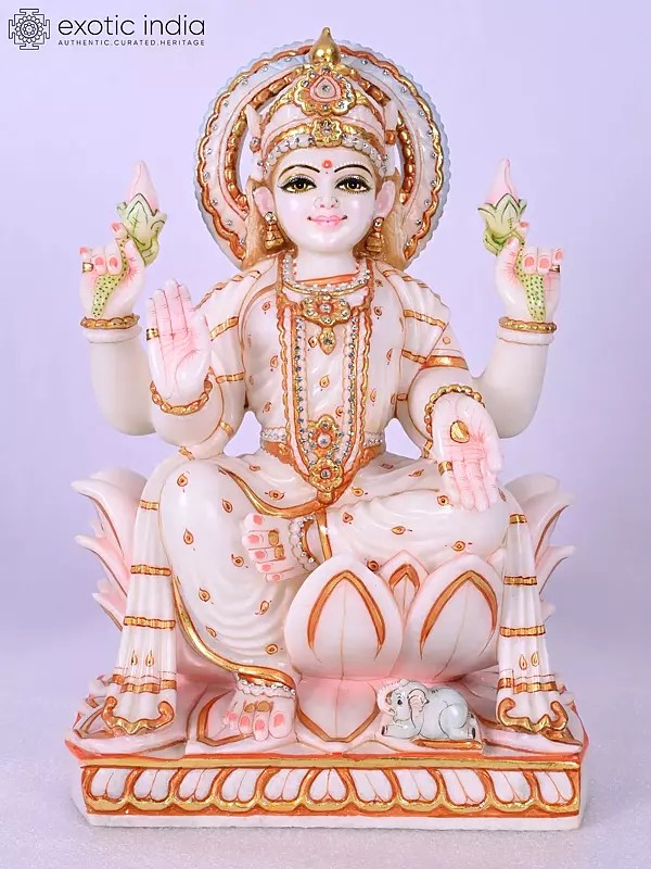 15" Goddess Lakshmi Seated on Lotus | Marble Statue