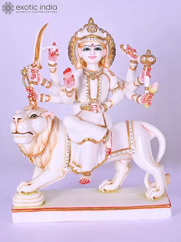 18" Goddess Durga Marble Statue with Lion