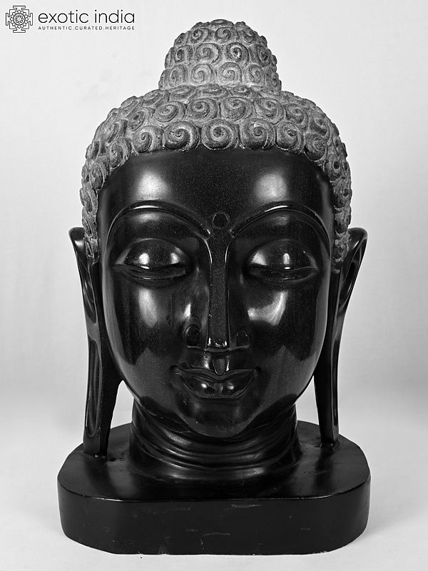 Lord Buddha Head Sculpture in Black Marble - 18 Inches