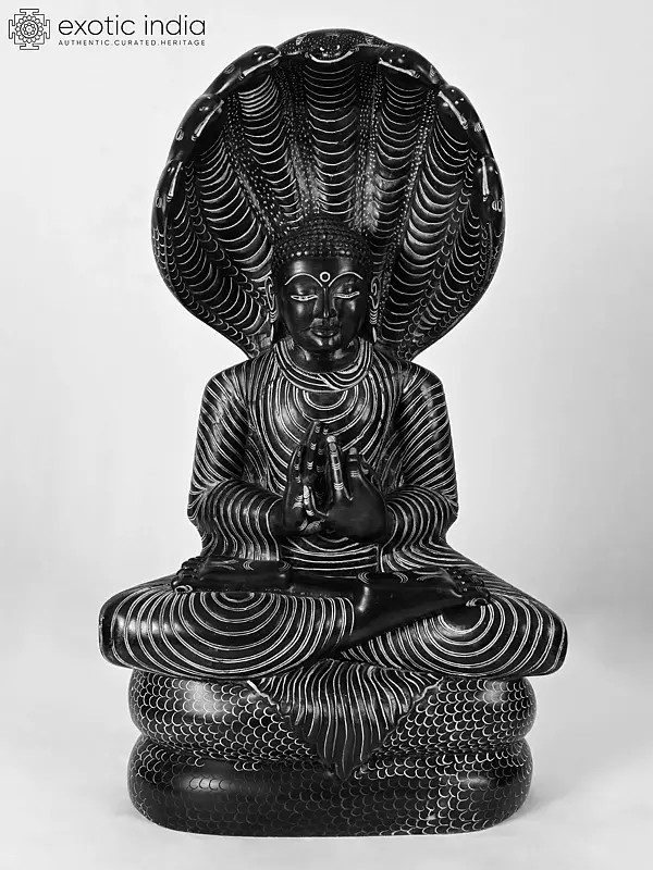 19" Buddha Meditating Under Serpent Hood Marble Sculpture