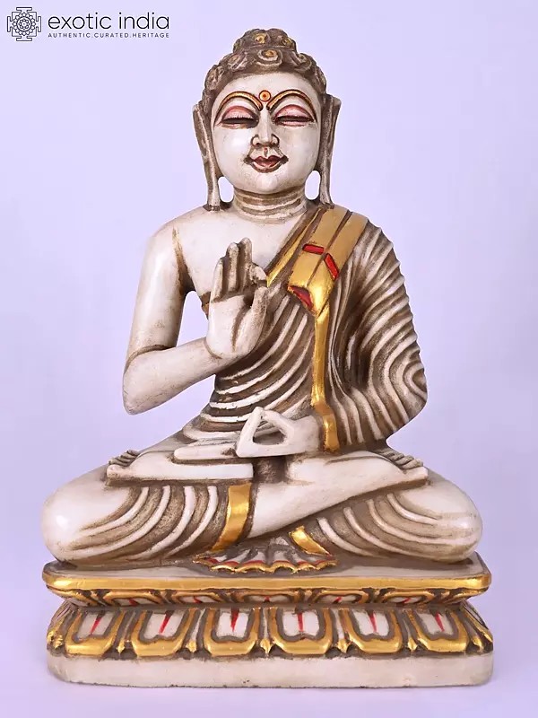 Meditating Buddha Sculpture: 15" Marble Idol with Vitarka Mudra