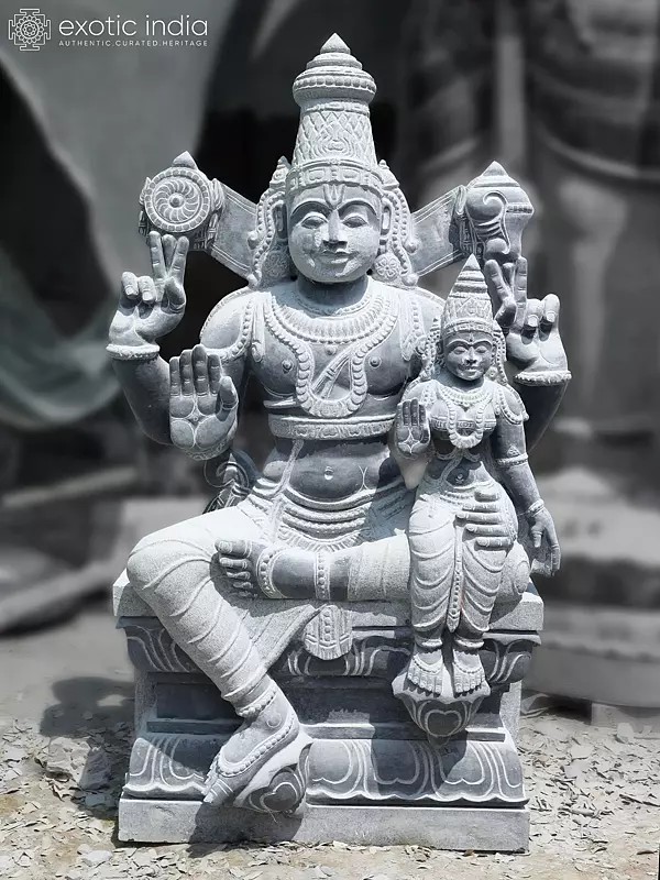 Seated Lord Vishnu with Goddess Sridevi Granite Sculpture (54")