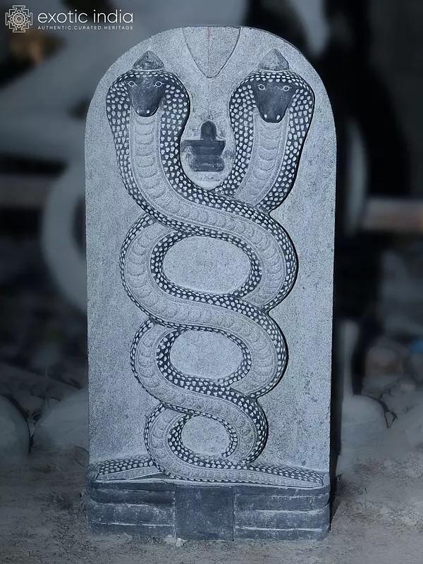 Shivalinga Protected by Twin Cobras - 32" Granite Sculpture