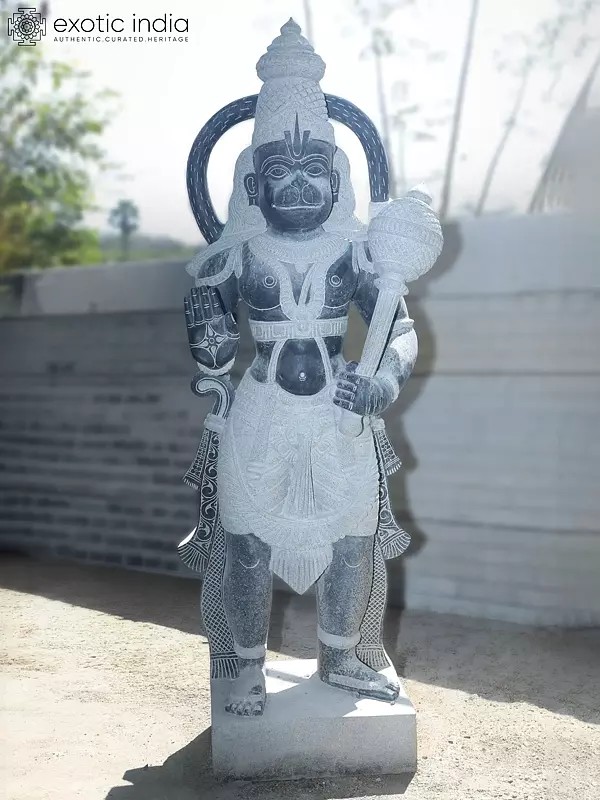 80" Lord Hanuman Holding Mace | Granite Statue | Handmade Indian Art