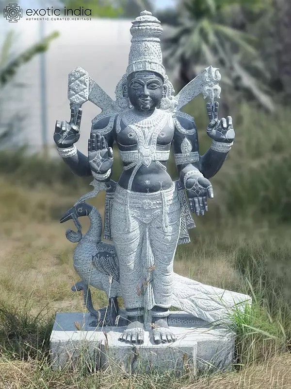 53" Large Size Lord Murugan Standing with Peacock | Granite Statue | Handmade Indian Art