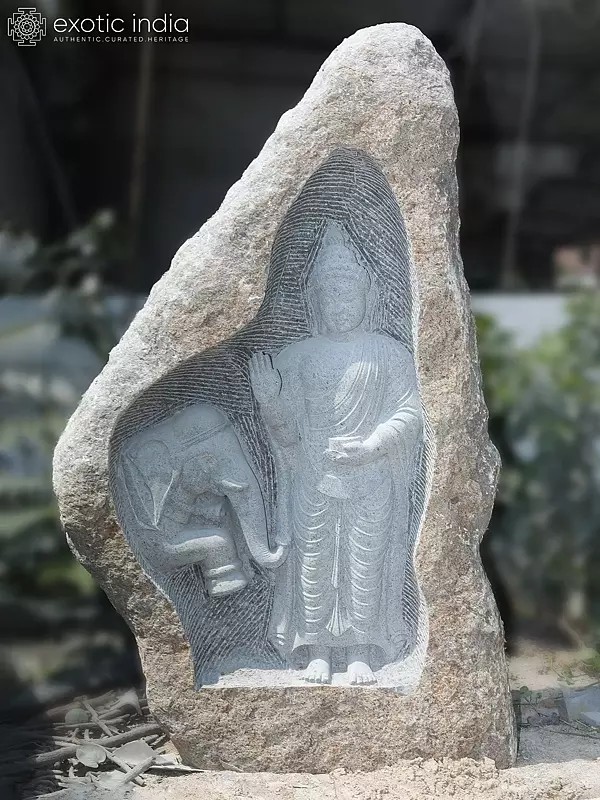 89" Lord Buddha Blessing Elephant Stone Statue
