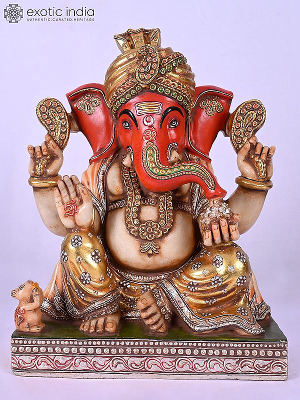12" Chaturbhuj Ganesha Marble Statue - Divine Elephant Deity Sculpture