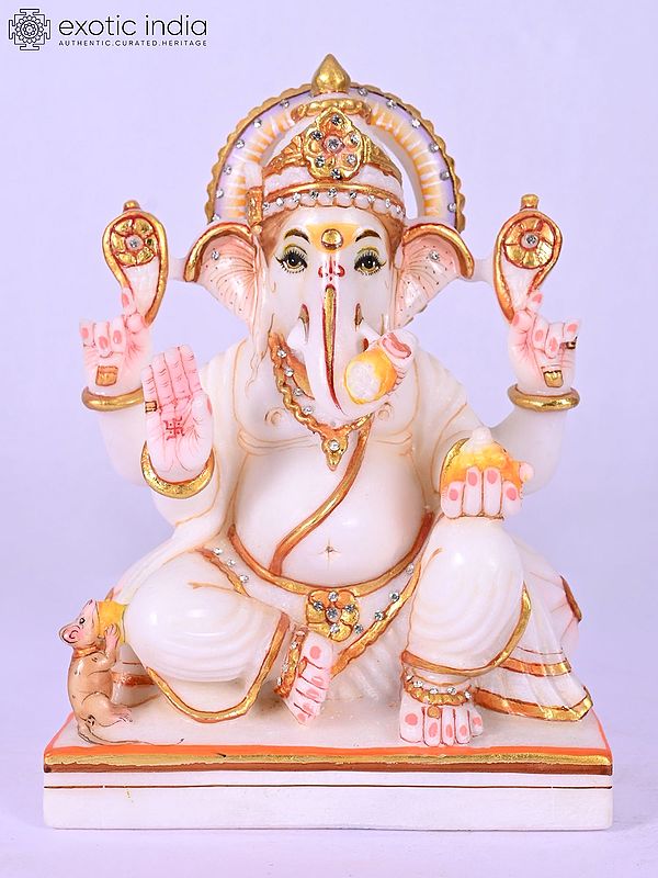 8" Seated Lord Ganesha Marble Statue