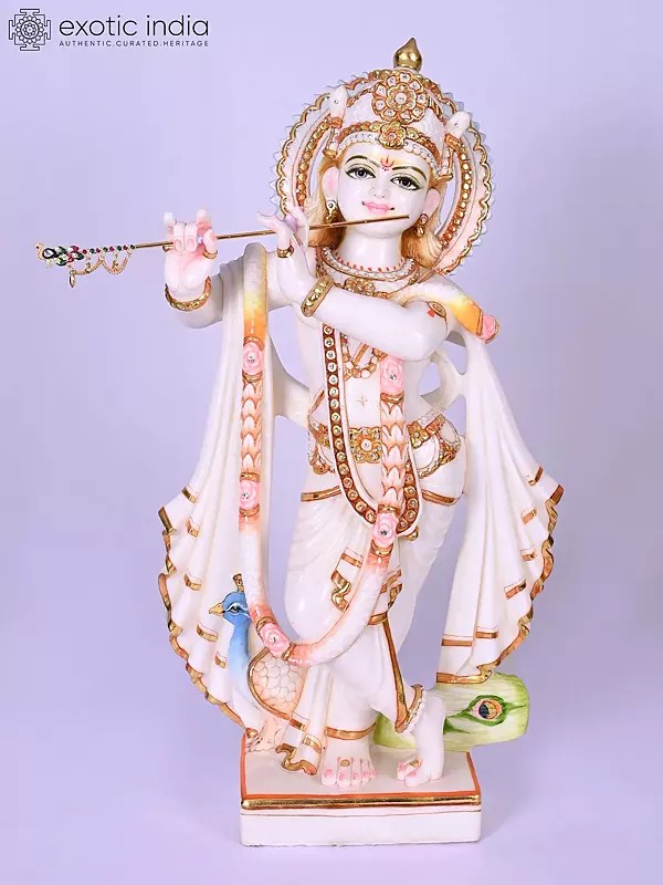 24" Lord Krishna Playing Flute Marble Statue