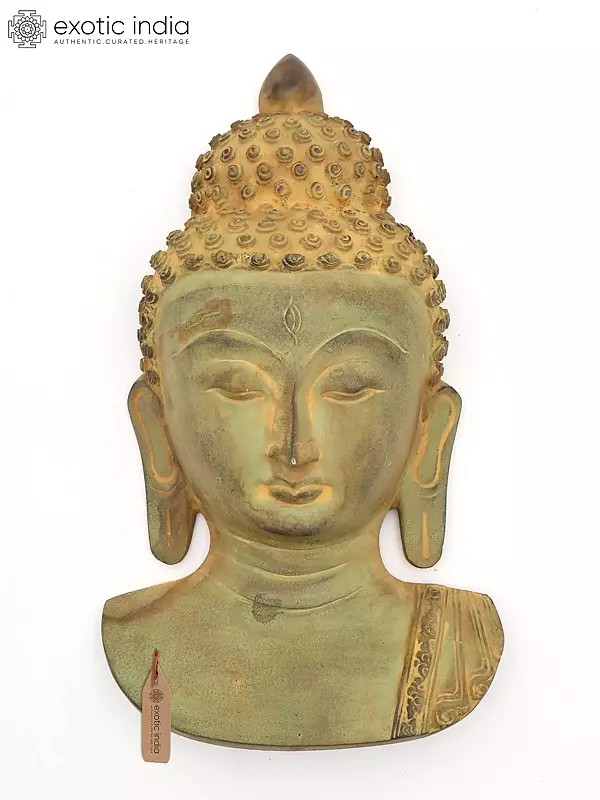 Brass Wall Hanging Mask: Serene Buddha Face, 11" Height