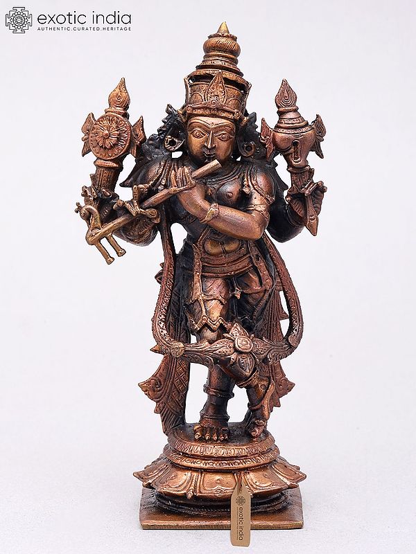 Small Copper Krishna Statue Playing Flute