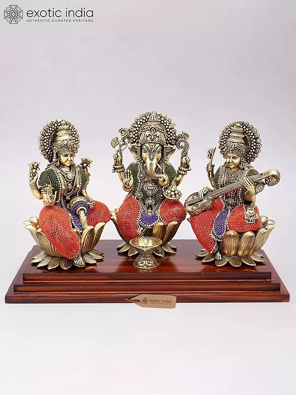 14" Lakshmi Ganesha Saraswati | Superfine Brass Statues with Inlay Work on Wood Base