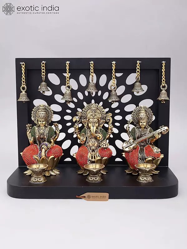 11" Lakshmi Ganesha Saraswati Divine Trio with Hanging Bells | Designer Wood Framed Brass Statues