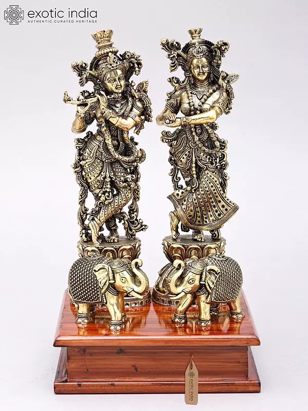Brass Radha Krishna Sculpture with Elephants, 9" on Wooden Base
