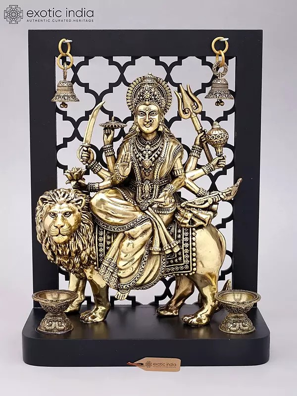 Designer Wood Framed Goddess Druga Statue in Brass with Lamps and Bells