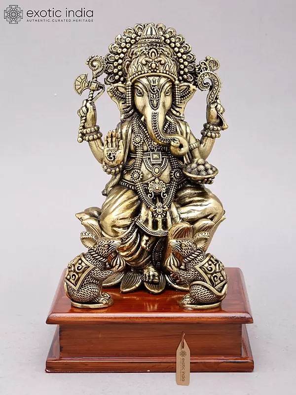 9" Brass Superfine Blessing Lord Ganesha on Wood Base