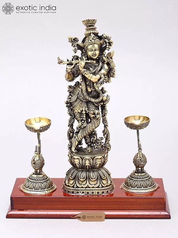 9" Fluting Lord Krishna with Peacock Lamps Brass Statue on Wood Base